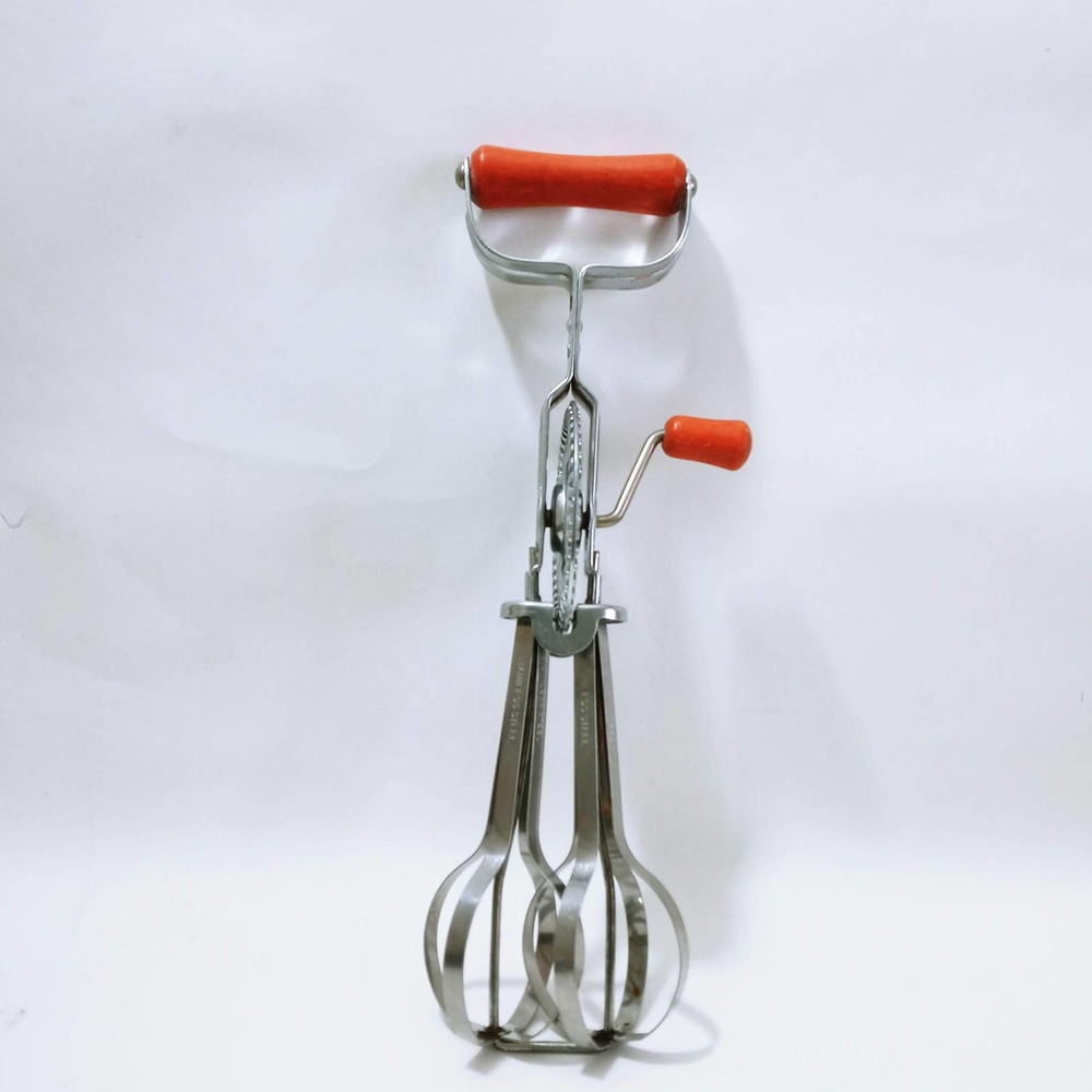 Vtg Androck Egg Beater Mixer Orange Wood Handle Stainless Steel (b6)